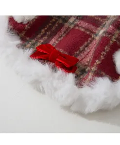 Christmas dog plaid cape detail shot with faux fur trim and velvet bow for small pets