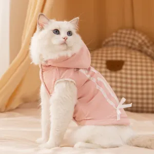 Giacca Invernale Calda in Pile per Gatti Cani Cappotto con Cappuccio Antivento per Cuccioli con Fiocco Abbigliamento a Strisce Carino