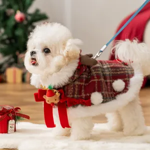 Christmas plaid pet dog cloak cape warm winter apparel for small dogs and bichon puppies.