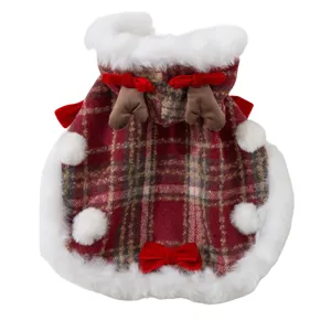 Christmas dog pet plaid cape with faux fur and antlers, warm winter cloak for small dogs cats.