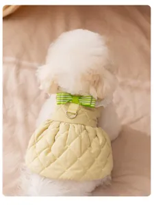Cute winter pet dog dress with quilted design green bow and leash ring detail cozy apparel