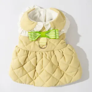 Warm winter pet cat dress princess style quilted coat with bowknot and leash D-ring apparel