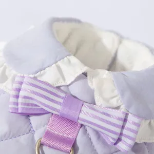 Winter pet princess dress warm cat clothes with cute bow and ruffled collar for outdoor leash.