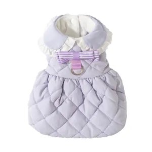 Cute winter warm pet dress for cats and dogs, elegant purple quilted princess apparel with bow.