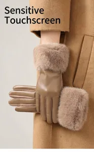 Close-up view of elegant women's plush-trimmed tan leather gloves for winter warmth and comfort.