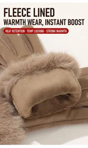 Close-up detail of women's winter leather gloves with thick warm faux fur lining