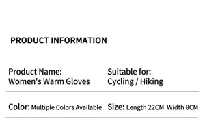 Detailed size chart and specifications for women winter warm gloves