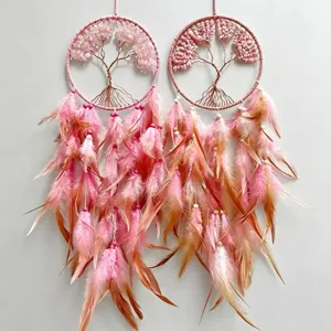 Paire d'attrape-rêves Arbre de Vie rose avec pierres de quartz rose et plumes douces