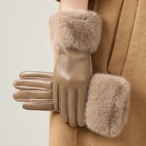 Women Faux Leather Winter Gloves Warm Plush Faux Fur Cuff Windproof Touchscreen Driving Gloves Solid Color Fleece Lined Mitten
