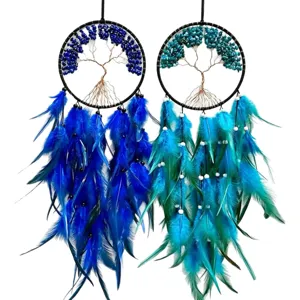Attrape-rêves Arbre de Vie fait main avec des pierres concassées et plumes bleues