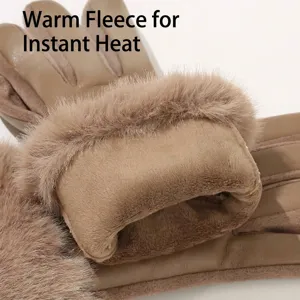 Premium khaki winter leather gloves for women with thick plush lining and faux fur cuff