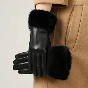 Elegant women's black leather winter gloves featuring plush thick faux fur cuffs