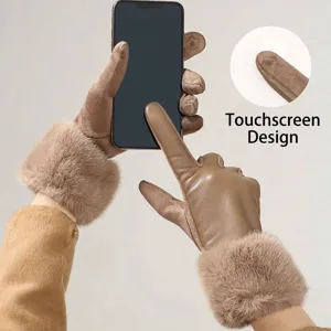 Premium women's warm winter leather gloves with plush fur cuffs and touchscreen design