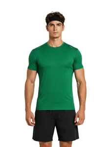 Men's slim-fit green quick-dry athletic t-shirt for fitness and outdoor sports activities