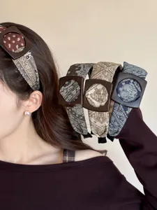 Retro paisley print headband with geometric square wooden buckle elegant women hair accessory