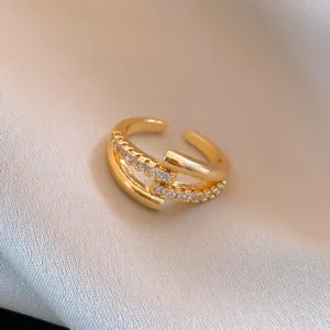 Exquisite 18k gold plated zircon open ring, luxury minimalist fashion index finger jewelry.