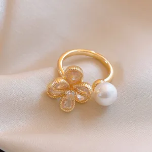 Exquisite 18k Gold Plated Zircon Pearl Flower Ring Luxury Index Finger Ring Jewelry