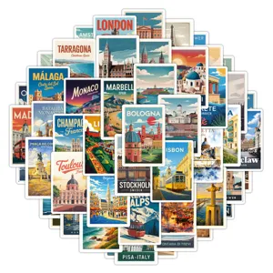 European travel vintage waterproof stickers set detail view, travel city landmark sticker pack.