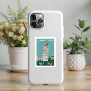 Detailed view of white phone case with Pisa Italy travel sticker, waterproof decor mobile shell.