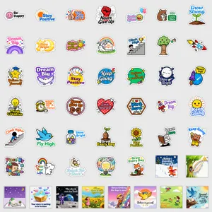 Motivational cartoon stickers detail sheet showing cute animals and inspirational phrases.
