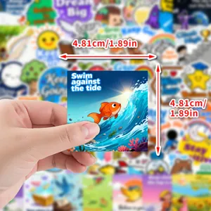 Waterproof positive quote graffiti sticker detail, square cute design for cup phone decor.