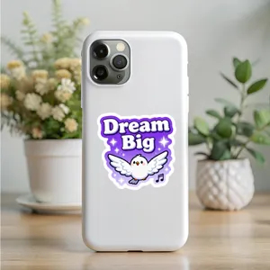 White protective phone case with an inspiring Dream Big bird sticker design for daily use.