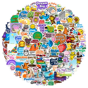 Waterproof motivational sticker pack featuring cute cartoon designs for water bottles and phones.
