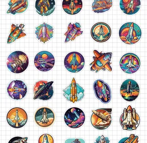 Waterproof space rocket stickers, assorted cartoon sci-fi decal set for water bottle and phone.