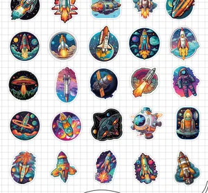 50pcs waterproof cartoon space rocket stickers set for phone, water cup and journal decoration.