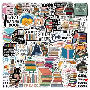 50 Pcs Livre Lecture Chat Autocollants Impermeables pour Ordinateur Journal Art Bricolage