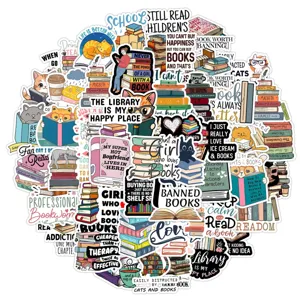 Vue détaillée d'autocollants imperméables de lecture de livres avec divers motifs littéraires.
