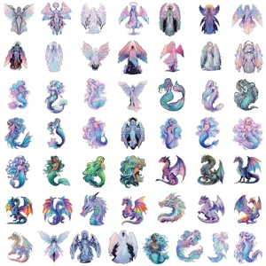 50 Stk süße holografische Fantasy Aufkleber wasserdicht Engel Meerjungfrau Drache
