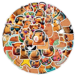 Detailed view of assorted cute cartoon capybara waterproof stickers for DIY decor.