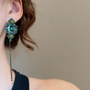 Boucles D'Oreilles Vintage Strass Cristal Vert Longues Avec Glands Pour Femme
