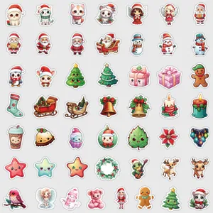 Close-up details of various cute Christmas cartoon stickers featuring santas, cats, and trees.