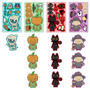 Detailed view of Halloween face changing sticker sheets featuring cute cartoon characters.