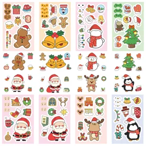 8 sheets Nordic Christmas festive DIY puzzle stickers, cute cartoon holiday decals for kids.