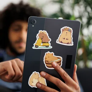 Cute capybara waterproof stickers detail view, perfect for decorating laptops, luggage, and tablets.
