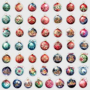 Christmas waterproof stickers set, colorful holiday bauble and snowflake designs for cup decor.