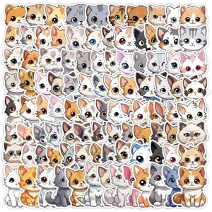 Lot de 100 autocollants mignons de chat dessin animé pour gourde ordinateur portable