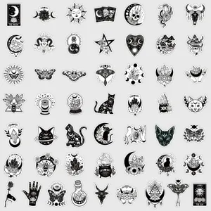 Lot de 50 autocollants esthétiques occultes mystiques noirs et blancs pour bouteille d'eau.