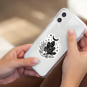 Coque de téléphone transparente avec autocollant lune cristal, protection esthétique noir.