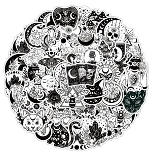 Lot de 50 autocollants gothiques mystiques occultes en noir et blanc pour bouteille d'eau.