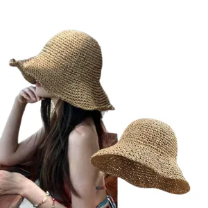 Handgeweven strooien hoed voor dames, opvouwbare zonnehoed met brede rand voor strand