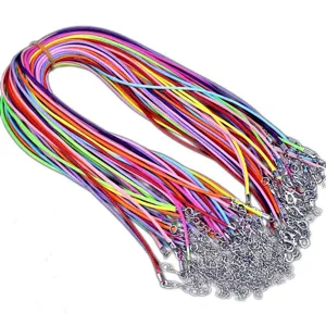 Detailed view of colorful waxed necklace cords with silver lobster clasps for DIY jewelry