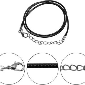 Black braided waxed cord necklace string with silver lobster clasp and extender chain for DIY
