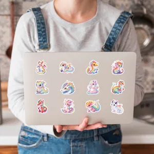 Cute rainbow dragon stickers set, waterproof vinyl decal for laptop, water bottle, and journal.