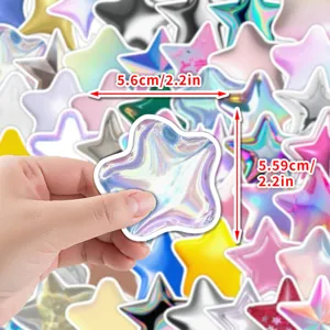Detailed view of 3D holographic puffy star stickers with dimensions, waterproof DIY decor.