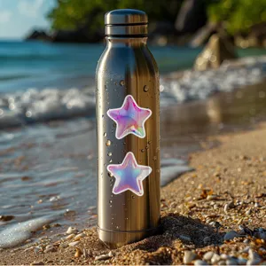 Stainless steel water bottle outdoor beach scene with holograph 3D star stickers detail