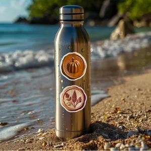 Detail shot of Nordic style wax seal decorative stickers applied on a stainless steel water bottle.